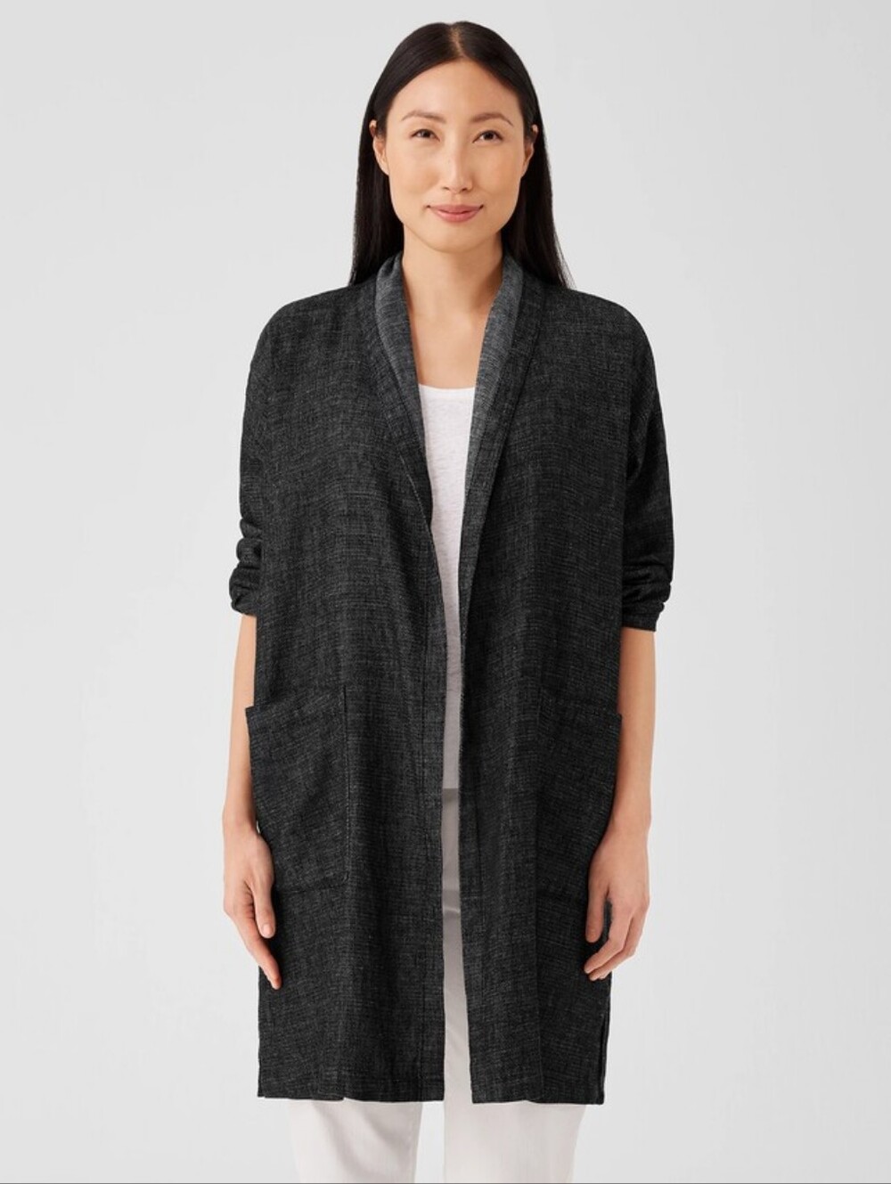 Eileen Fisher Tweedy Hemp Cotton High Collar Coat